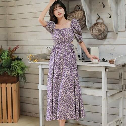 Women Summer Floral Printing Long Dress Vintage Elegant Square Collar Puff Sleeve Waist Hollow Out Dress Chiffon Femme