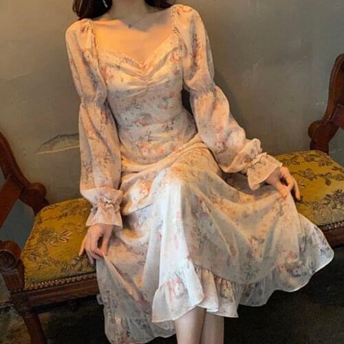 Vintage Palace Style Floral Print Dress Women Sexy V-Neck Puff Sleeve Ladies Summer 2021 Elegant Slim Female Dresses