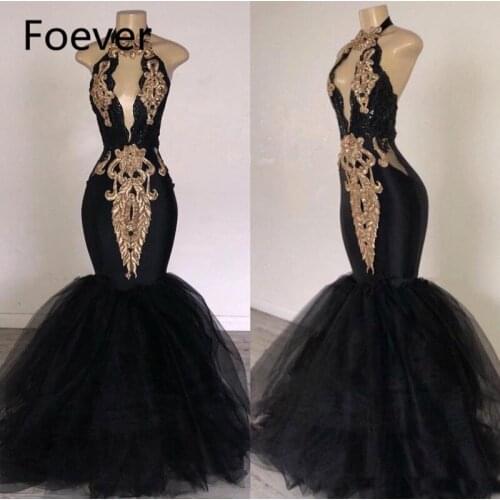 2019 Black Prom Dresses Long Gowns With Gold Applique Mermaid Halter South Africa Stylish Formal Evening Occasion Party Dresses