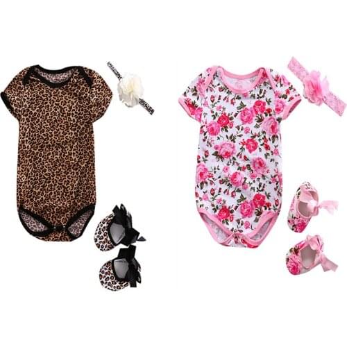 Hot 0-12M Casual Cute Cotton O-neck Leopard Flower Toddler Infant Baby Girl Bodysuit +Shoes +Hairband 3Pcs Outfits Set Clothes