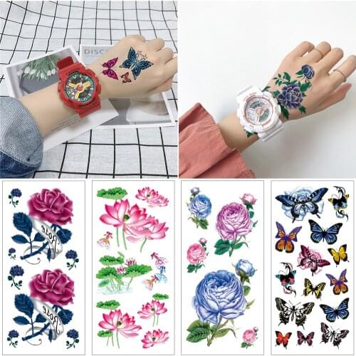 Watercolor temporary tattoo stickers Flower lotus Woman waterproof tattoos butterfly Hand body tattoo
