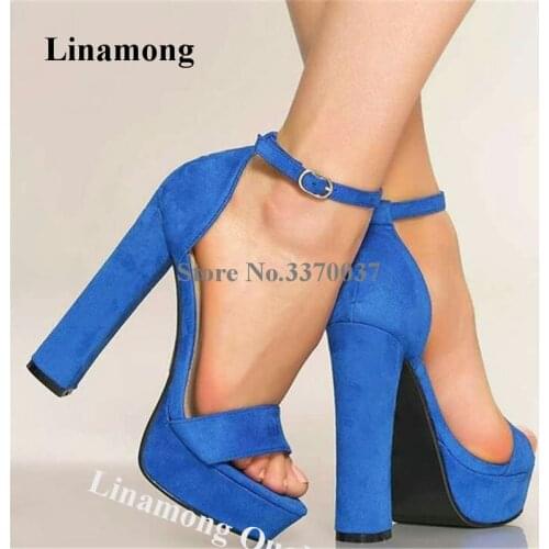 Linamong Suede Leather High Platform Chunky Heel Sandals Blue Ankle Strap Buckle Thick High Heel Sandals Party Dress Shoes