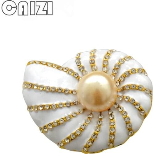 CAIZI Rhinestone Conch Brooches Crystal Simulated-Pearl Enamel Pin Flower Brooches for Women Wedding Dress Party Jewelry Gifts