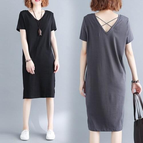 TingYiLi Plus Size Loose Cotton Dress Summer Gray Black T Shirt Dress V Neck Casual Women Dress