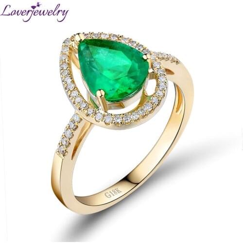 LOVERJEWELRY Solid 18kt Yellow Gold Natural Diamond Emerald Ring Pear 7x9mm Stone Lovely Design Jewelry for Women G090350