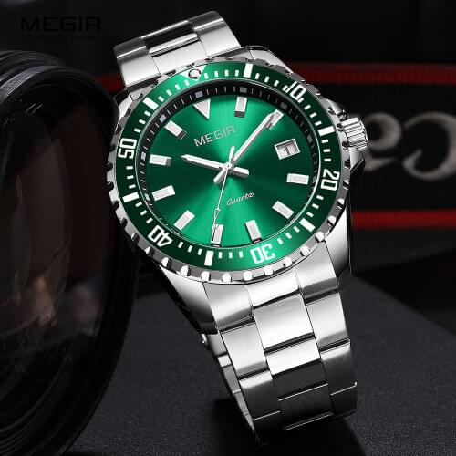 MEGIR Business Watch for Men Waterproof Quartz Watches Stainless Steel Green Dress Wristwatch relogio reloj часы orologi montres