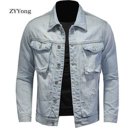 New Spring Bomber Light Blue Ripped Denim Jacket For Men Tattered Jean Coats Motorcycle Casual Outwear Clothing Overcoat Outwear