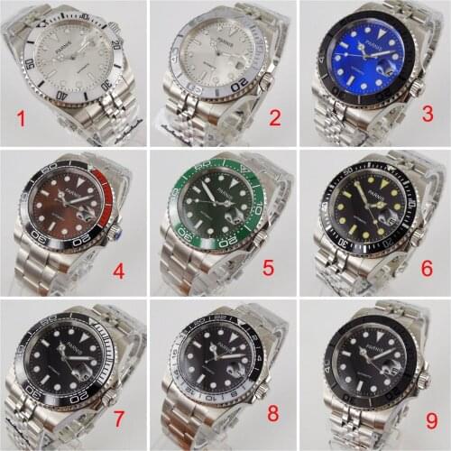 Parnis 40mm Automatic Mens Wristwatch Sapphire glass Luminous Date window ceramic bezel Bracelet magnifier Mechanical watch