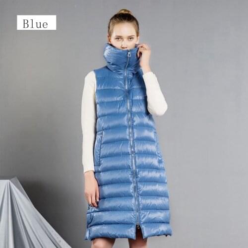 New style female light cotton down jacket long stand collar black womens duck down coats blue autumn pure color slim Overcoat
