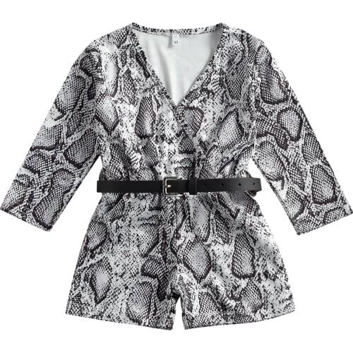 Pudcoco 1-6 Years Toddler Kids Girl Long Sleeve Romper Shorts, V Neck Snake Printed Short Jumpsuit with Belt Fashion Overalls