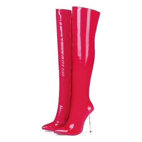 Fashion Woman Black Red White Patent Leather Over The Knee Plush Boots Female Zipper Iron Stiletto Heels Thigh High Boots Shoes