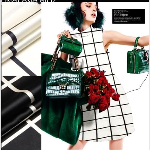 PRINTED SILK STRETCH SATIN 118cm width 19momme/Pure Silk Fabric White and Black Grid Wedding Apparel sewing fabric