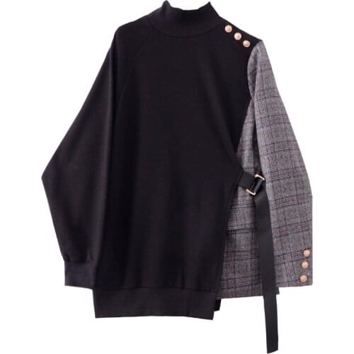 Design Sense Plaid Stitching Sweatshirt Women Loose Autumn New Irregular Black Sweatshirt Women Clothes Sweatshirts Vintage