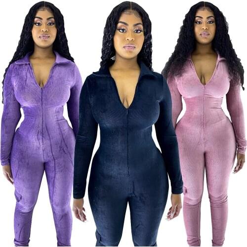 In Stock wholesale European and American womens winter new long-sleeved leisure sports concatenated velvet jumpsuit