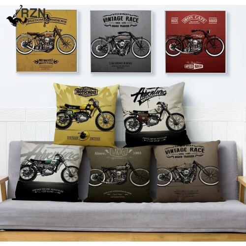 Vintage Cartoon Motorcycle Print Cushion Cover Beige Linen Pillowcase 45*45cm Square Throw Pillows Covers Home Decor Pillow Case