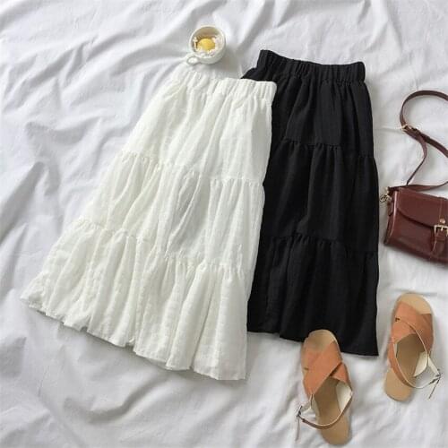 2019 Big Size Spring Vintage Women White Skirts Sweety Girl Elastic Waist Pleated Skirt Midi Long Lady A-line Skirt Femme WZ755