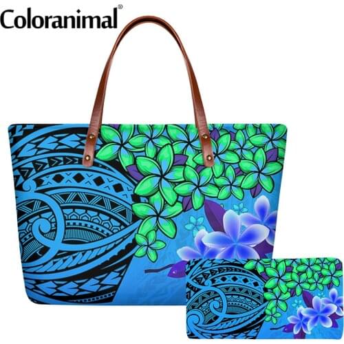 Coloranimal Tribal Polynesian Plumeria Printed Tote Handbag for Women 2Pcs/Set Shoulder Bag&Purse Big Storage Crossbdoy Bag 2020