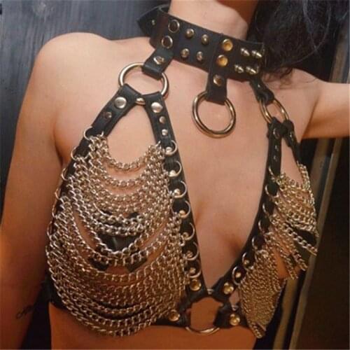 Faux Leather Link Chains Hollow Out Tank Tops Goth Metal O Rings Rivets Leather Bondage Belts Crop Top Sexy Women Lingerie Tops