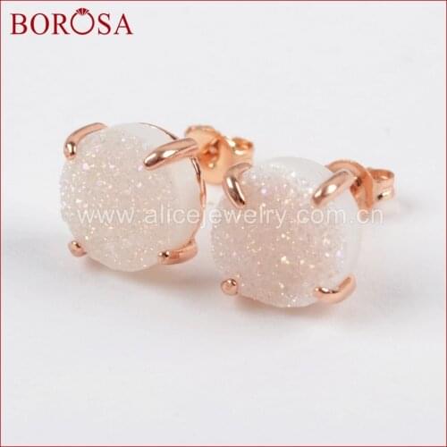BOROSA 10mm Stud Earrings for Women Round Rose Gold Plated Titanium Multi-color Drusy Stone Geode Natural Druzy Earrings ZG0132