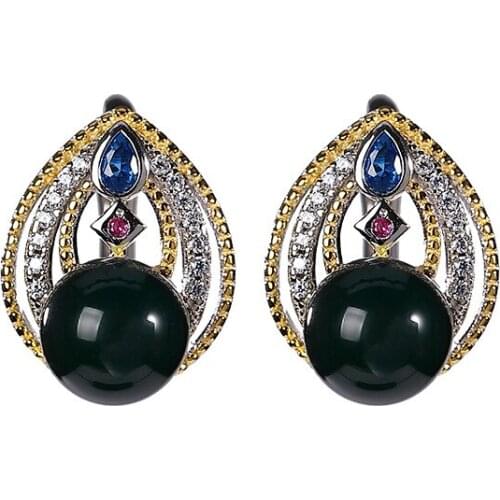 S925 sterling silver gold-plated natural Mexican blue amber stud earrings light luxury temperament womens ear clips earrings