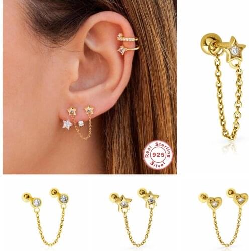 1pcs Gothic Punk European Cartilage Chain Earring S925 Sterling Silver Piercing Stud Earrings Link For Ladies Women Pendientes