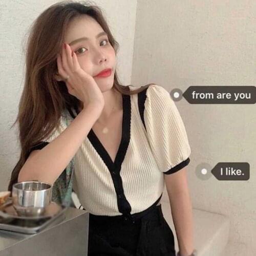 French V-Neck Contrast Short Knitted Womens Summer Bubble Sleeve Cardigan Top