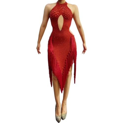 Luxury Fashion Sparkly Red Crystals Latin Dresses for Women Evening Birthday Celebrate Wedding Sexy Tassel Dresses Dance Dress