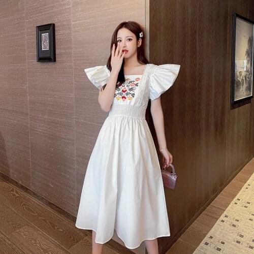 New Arrive Women Summer Floral Embroidery Flare Sleeve Square Collar Elastic Waistline A Line Sweet Mori Style Long Dress