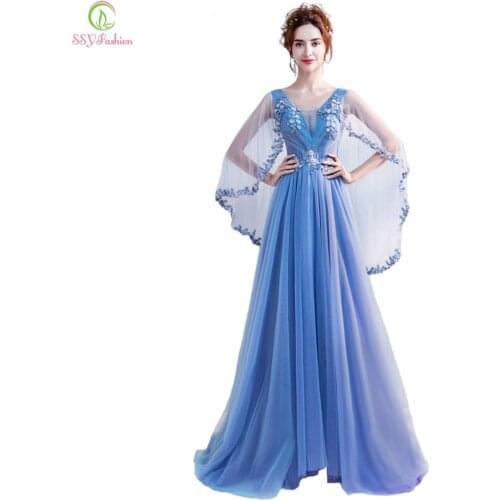 SSYFashion New Lace Flower Evening Dress Bride Banquet Sweet Blue Appliques V-neck Cape Sleeves Floor-length Formal Party Gown