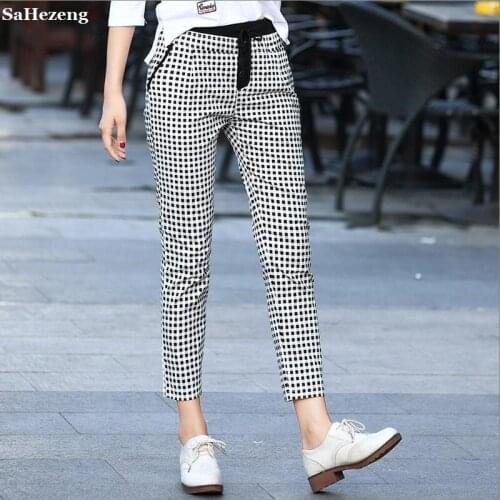 Good Quality Summer Cotton Plaid Pants Women 2019 Fashion Ladies Check Trousers Elastic Waist OL Style Work Pantalon Mujer P48-1