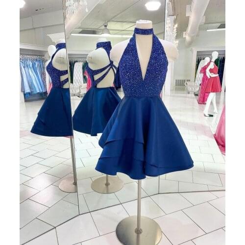 Short A-Line Beaded V-Neck Satin Blue Homecoming Dresses with Pockets Knee Length Criss Cross Back Graduation Dresses for Teens