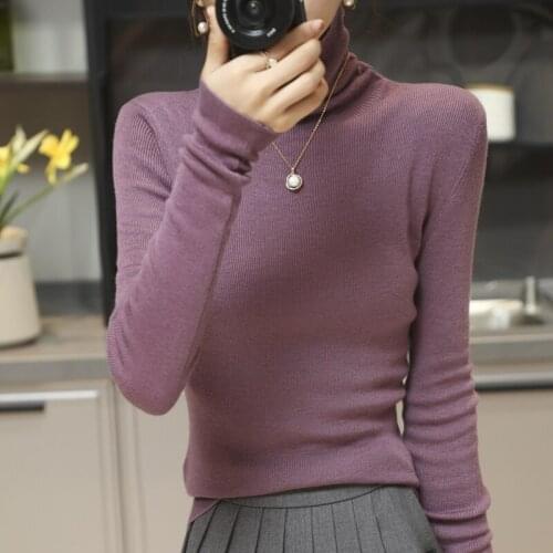 Fashion Cashmere Womens Sweaters Autumn Long Sleeve Wool Thin Turtleneck Stretch Purple Knitted Pullover Sweater Tops Clothing