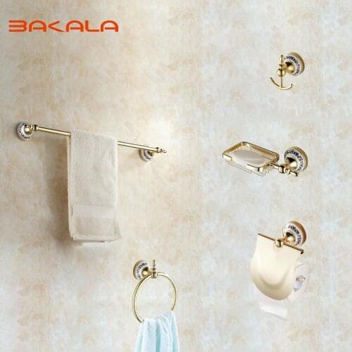 5pcs/lot Gold finish crystal decoration metal bathroom accessories set robe towel holders soap dish paper rack
