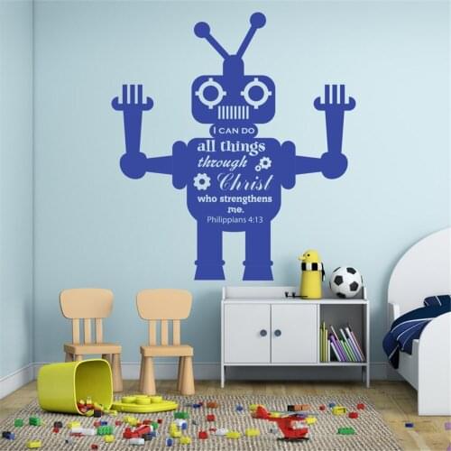 Wall Decal Vinyl Quote Sicker I Can Do All Things Through Christ Who Strenghtens Me Robot For Kids Room Decoration Mural WW-230