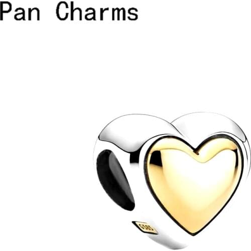 New Original 925 Silver Color Domed Golden Heart Charm Diy Bead Charm Fit European Pandora Charms Bracelet Bangles Diy Jewelry