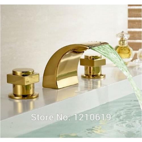 Newly US Free Shipping Golden Polished Luxury Bathtub Faucet Waterfall Color Changing LED Dual Handles Mixer Tap Deck Mounted