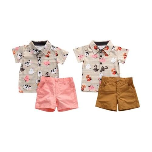 0-5Y Summer Infant Baby Boys Clothes Sets Animal Print Gentleman Short Sleeve Shirts Tops+Solid Shorts 2pcs