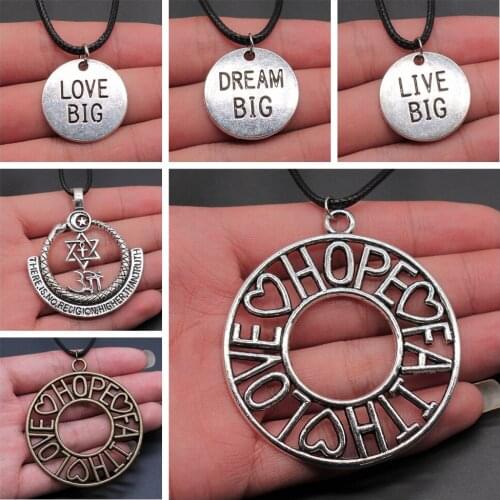 Inspire Sentence Live Big Dream Big Love Big Hope Faith Love Dream Pendant Necklace Black Leather Chain For Women Men