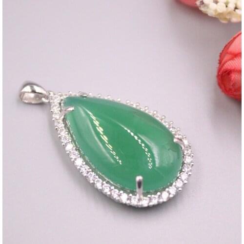 Real Silver 925 Pendant Raindrop Zircon Charm For Women Female Girl Green Chalcedony Silver Pendant
