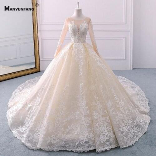Real Photo Elegant O-Neck Full Sleeve Bridal Ball Gown Luxury Chapel Train Embroidery Appliques Tulle Crystal Wedding Dress