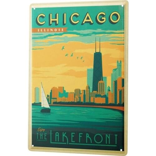 SINCE 2004 Tin Sign Metal Plate Decorative Sign Home Decor Plaques Deco City Chicago Skyline Sailboat River Side 8X12