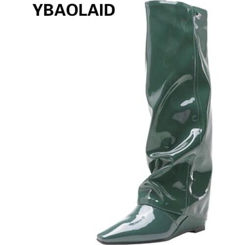 Spring and Autumn New Fashion Patent Leather Pointed Toe Wedges Fashion Boots Pure Color But Knee Trousers Knight Boots
