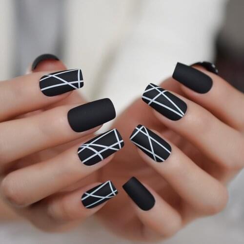 Medium Long Matte Simple Artificial Nail Flat Black Designed Fake Nails Geometric White Daily Nail Art 24CT