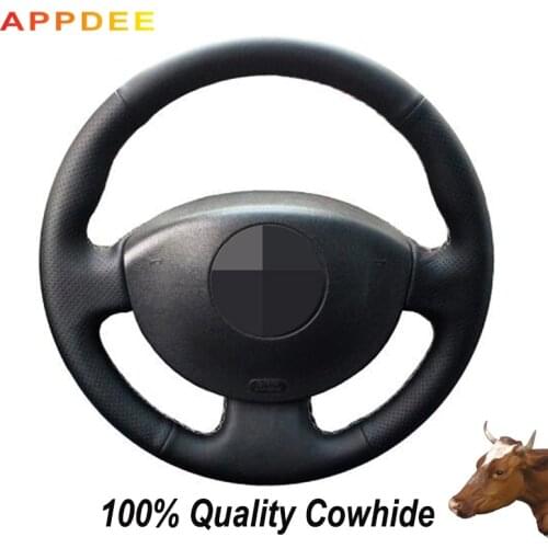 Black Genuine Leather Hand-stitched Car Steering Wheel Cover for Renault Megane 2 2003-2008 Kangoo 2008 Scenic 2 2003-2009