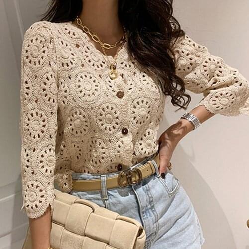 Summer Women Cardigan Tops 2021 New Korean style Hollow out Knitted shirt 3/4 Sleeve Retro Crochet Lace blouse Blusa