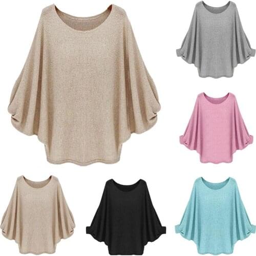 Ele-choices Women Solid Color Oversized Batwing Sleeve Sweater Long Sleeve Jumper Pullover For Autumn Winter