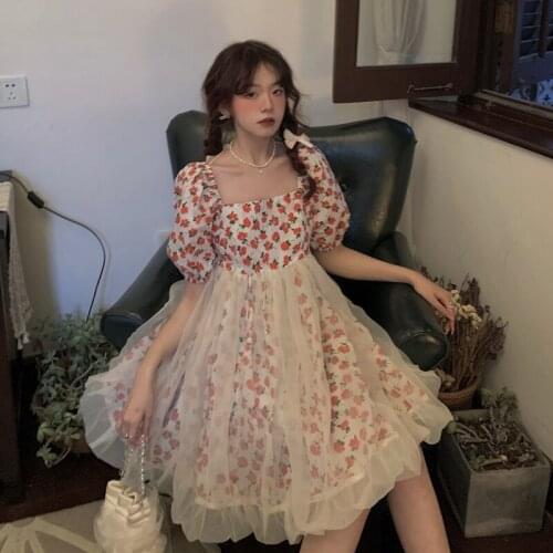 Women Summer Dress Fashion Floral meshElegant Puff Sleeve Kawaii cute girlParty Beach Dress Vacation Casual Mini DressNew2021
