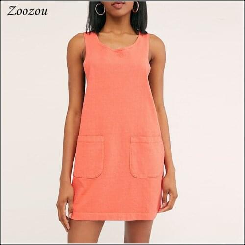 2020 Boho Women Vest Mini Dress Summer Beach Casual O Neck Sleeveless Plain Dress Big Pockets Solid Color Basic Dress Custom