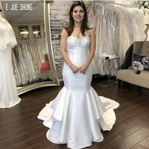 E JUE SHUNG Modern Mermaid Wedding Dresses Sweetheart Backless Delicate Appliques Sleeveless Satin Bridal Gowns vestido de novia