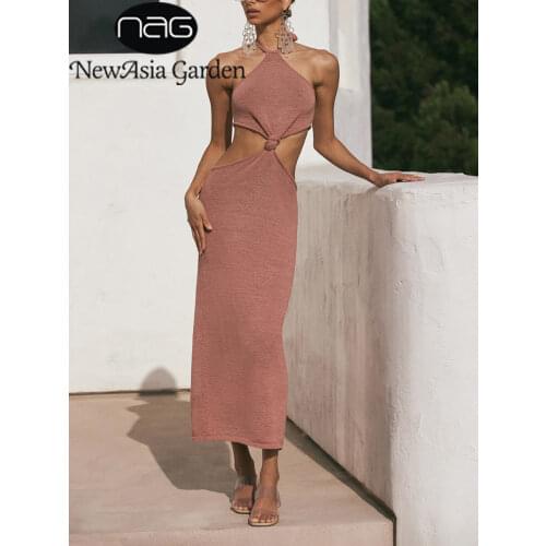 NewAsia Knitted Summer Dress Halter Tie up Spaghetti Strap Elastic Pink Long Beach Dress Woman Sexy Chic Party Club Vestido 2021